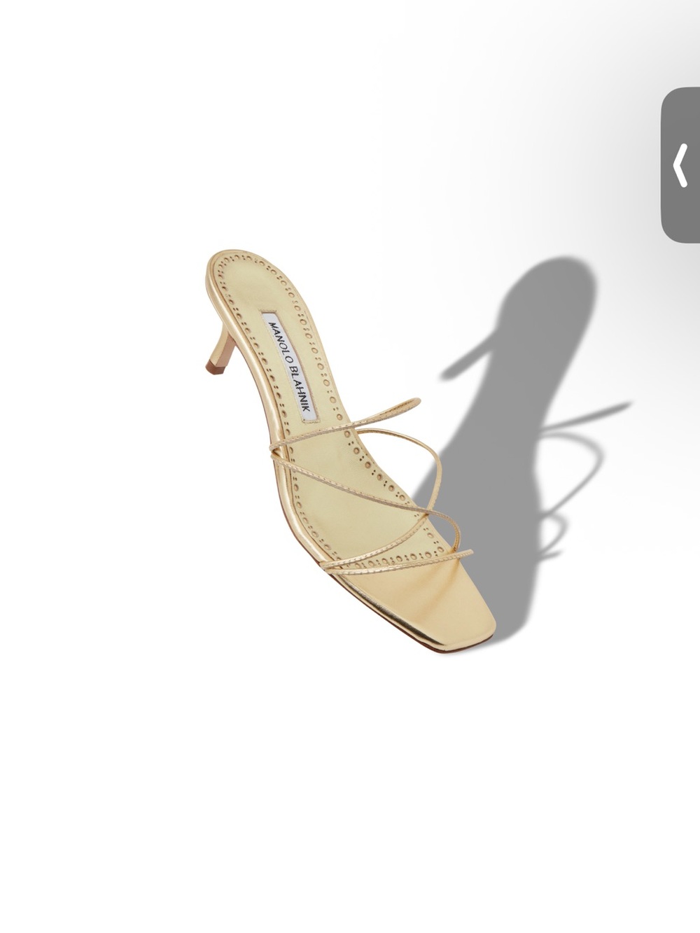 Manolo Blahnik Ninfemu Gold Strappy Kitten Heel Sandal